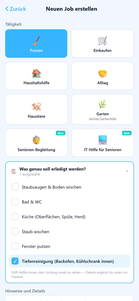 App-Screen: Neuen Job erstellen