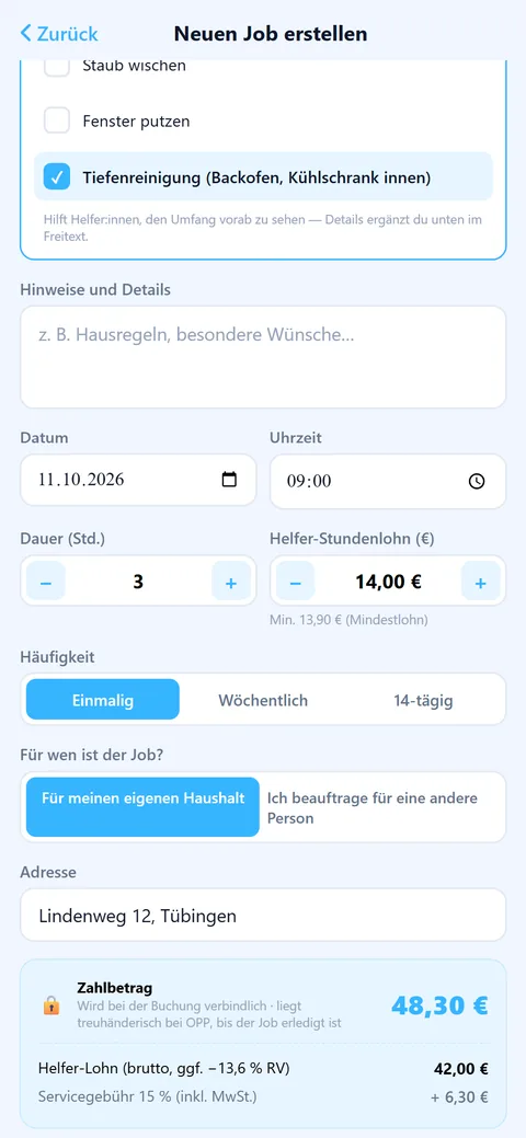 App-Screen: Neuen Job erstellen mit Termin, Dauer, Stundenlohn und Zahlbetrag 46,20 €