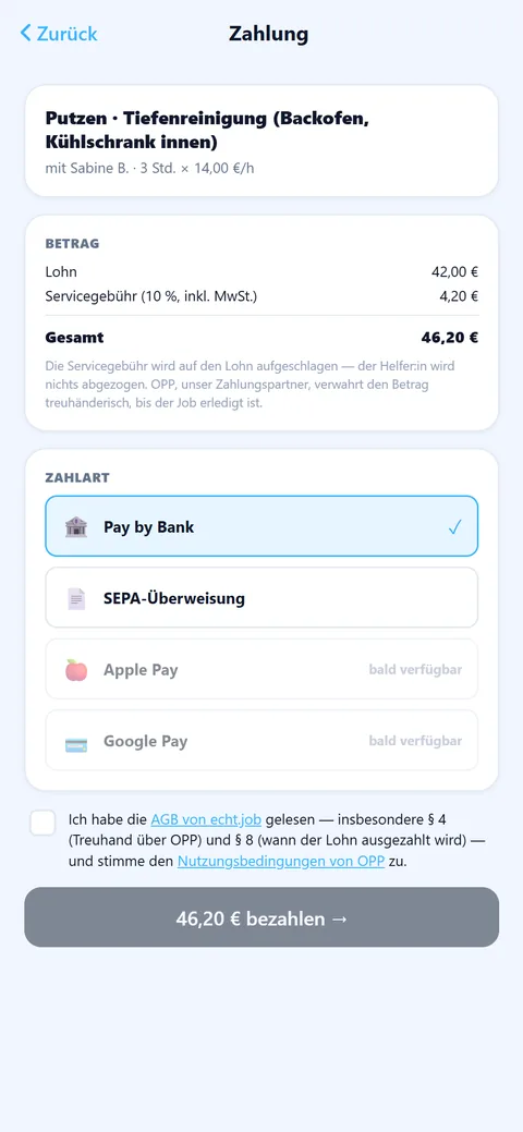 App-Screen „Zahlung“ mit Betrag und Hinweis auf das Treuhandkonto