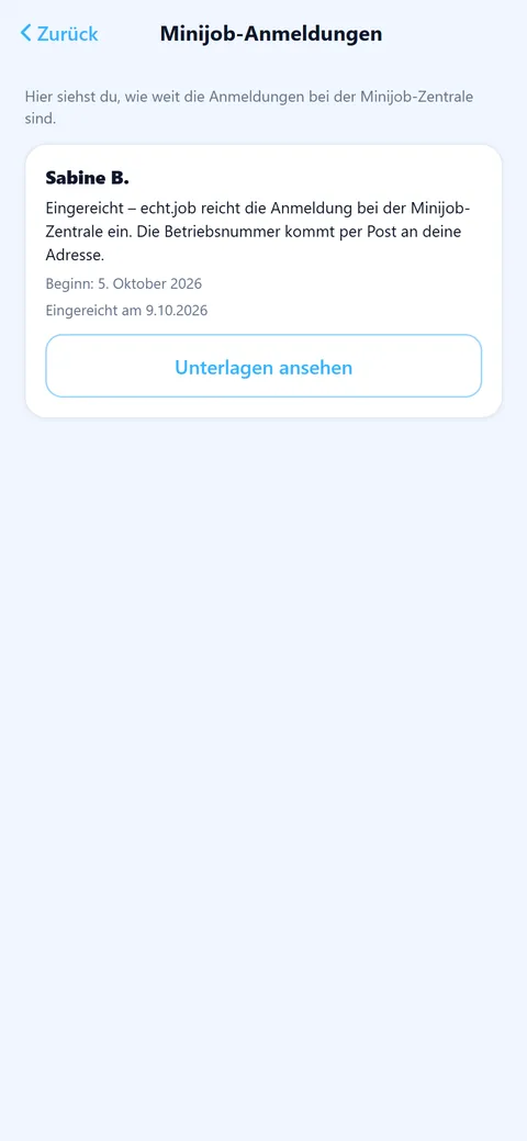 App-Screen „Minijob-Anmeldungen“: Anmeldung eingereicht
