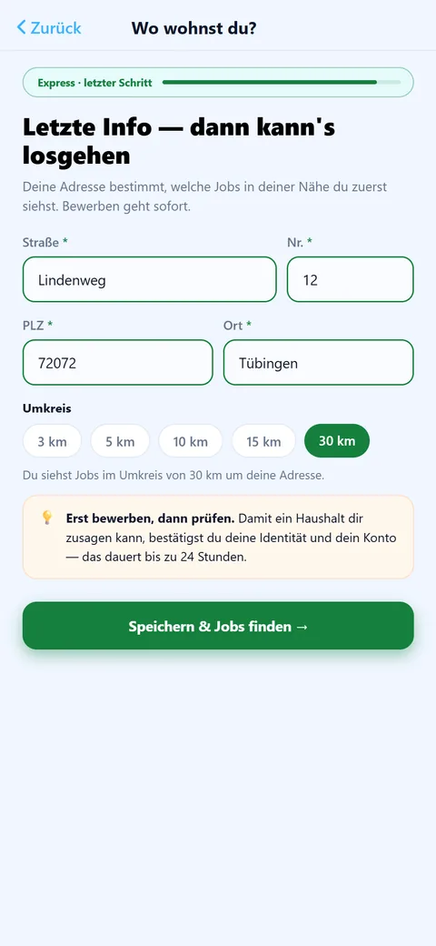 App-Screen „Wo wohnst du?“: Adresse eingeben und Umkreis wählen