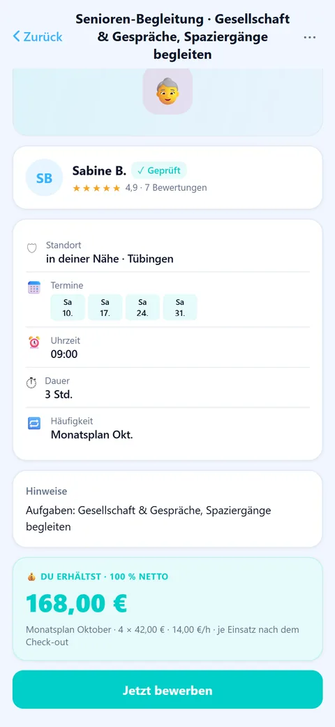App-Screen mit Job-Details, Lohn und dem Knopf „Jetzt bewerben“