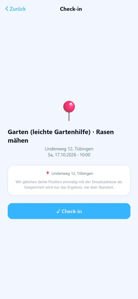 App-Screen Check-in mit Einsatzadresse und Check-in-Knopf