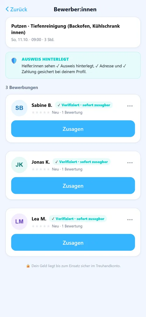 App-Screen für Haushalte: drei Bewerbungen auf einen Putzen-Job, je mit Knopf Zusagen