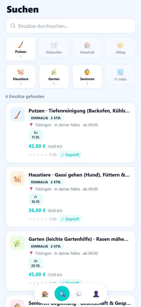 App-Screen für Helfer:innen: Einsätze in der Nähe – Putzen 42 €, Gassi gehen 36 €, Garten 45 €