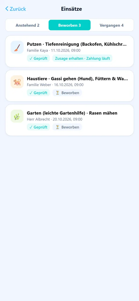 App-Screen für Helfer:innen: Putzen-Job mit Status „Zusage erhalten“